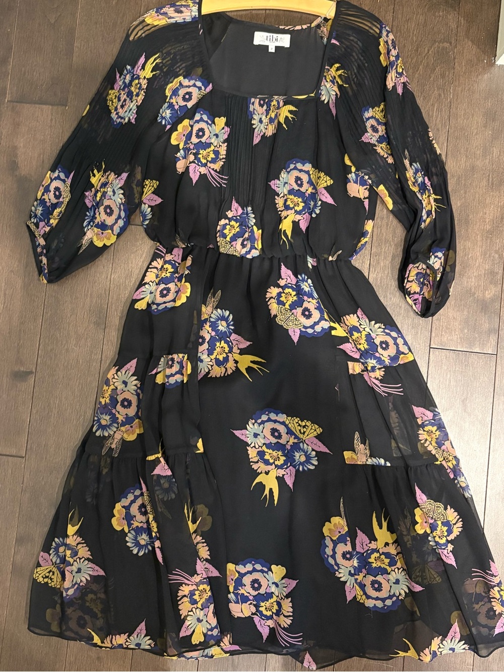 Tibi Black Midi Dress with Pink & Yellow Floral Print